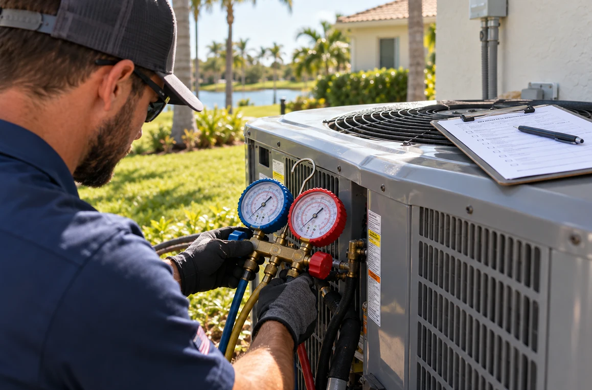 Rapid Pro Services technician servicing an AC unit at a home in Orlando, FL