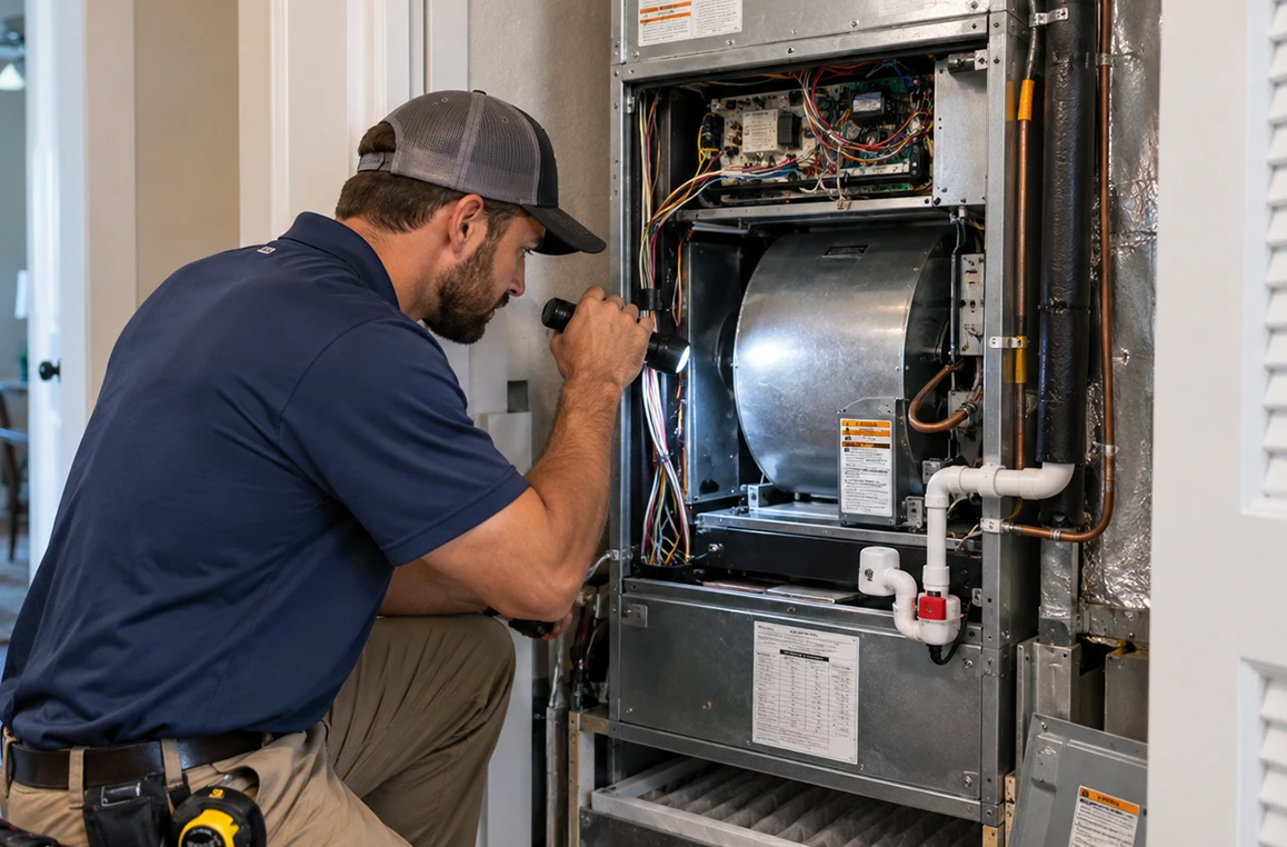 HVAC technician servicing an indoor air handler and heat pump system in Orlando, FL