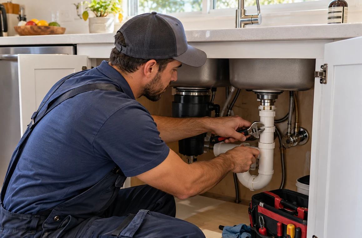 Licensed plumber repairing a kitchen sink drain in an Orlando, FL home