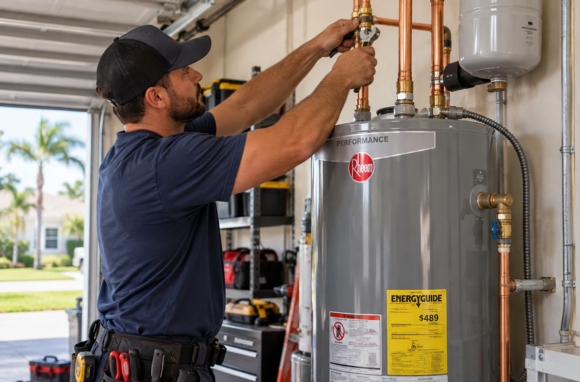 Plumber connecting a new tank water heater in a home garage in Orlando, FL