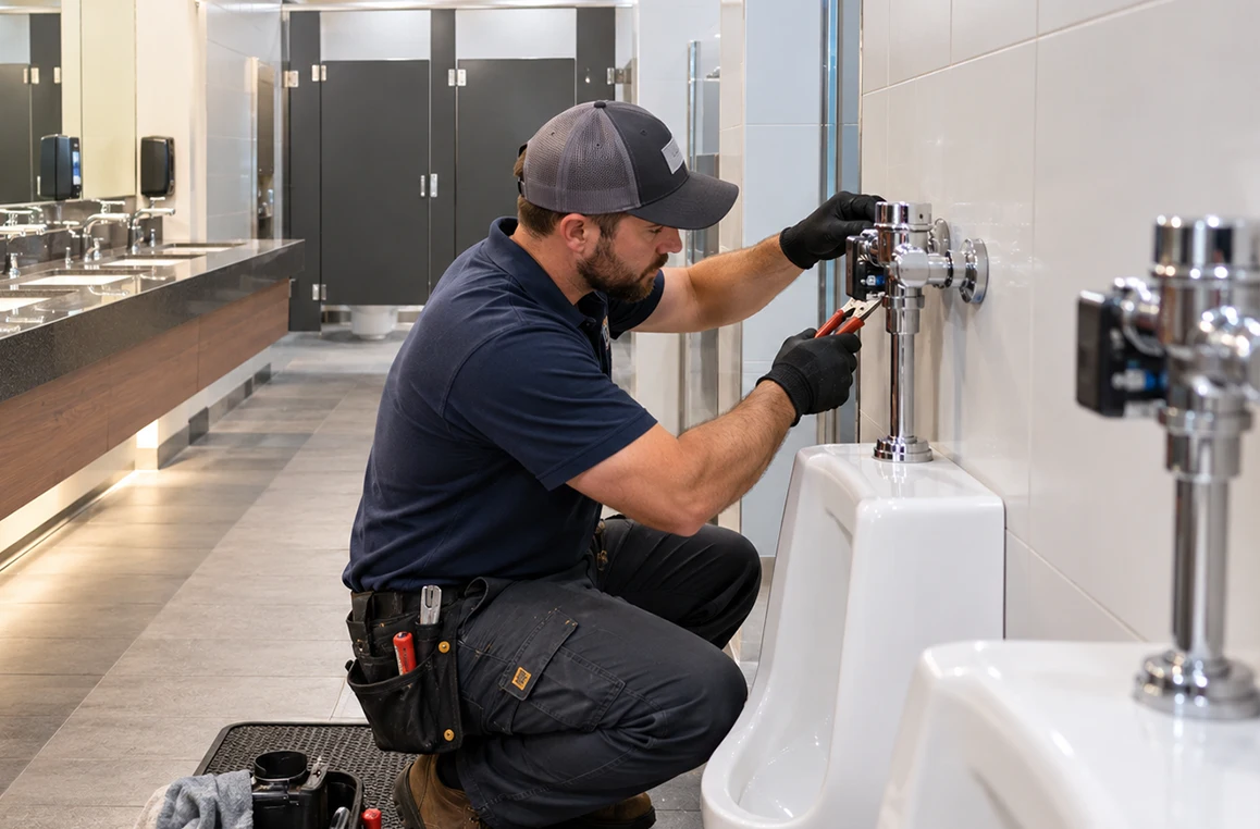 Rapid Pro Services plumber repairing a flush valve in a commercial restroom in Orlando, FL