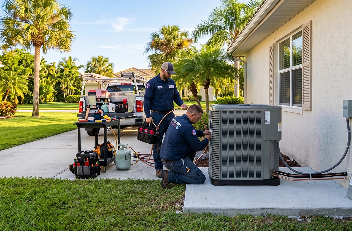 Rapid Pro Services technician installing a new AC unit at a home in Orlando, FL