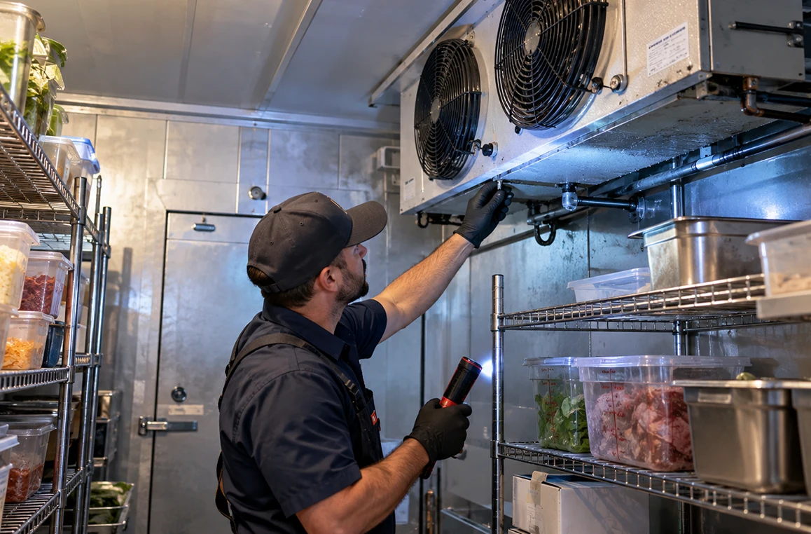 Commercial refrigeration repair on a restaurant walk-in cooler in Orlando, FL