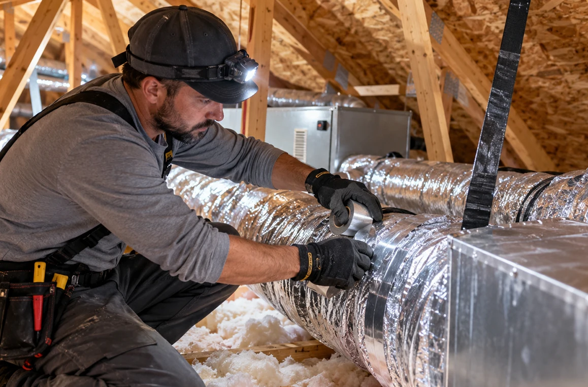 Rapid Pro Services technician sealing attic air ducts to improve indoor air quality in Orlando, FL