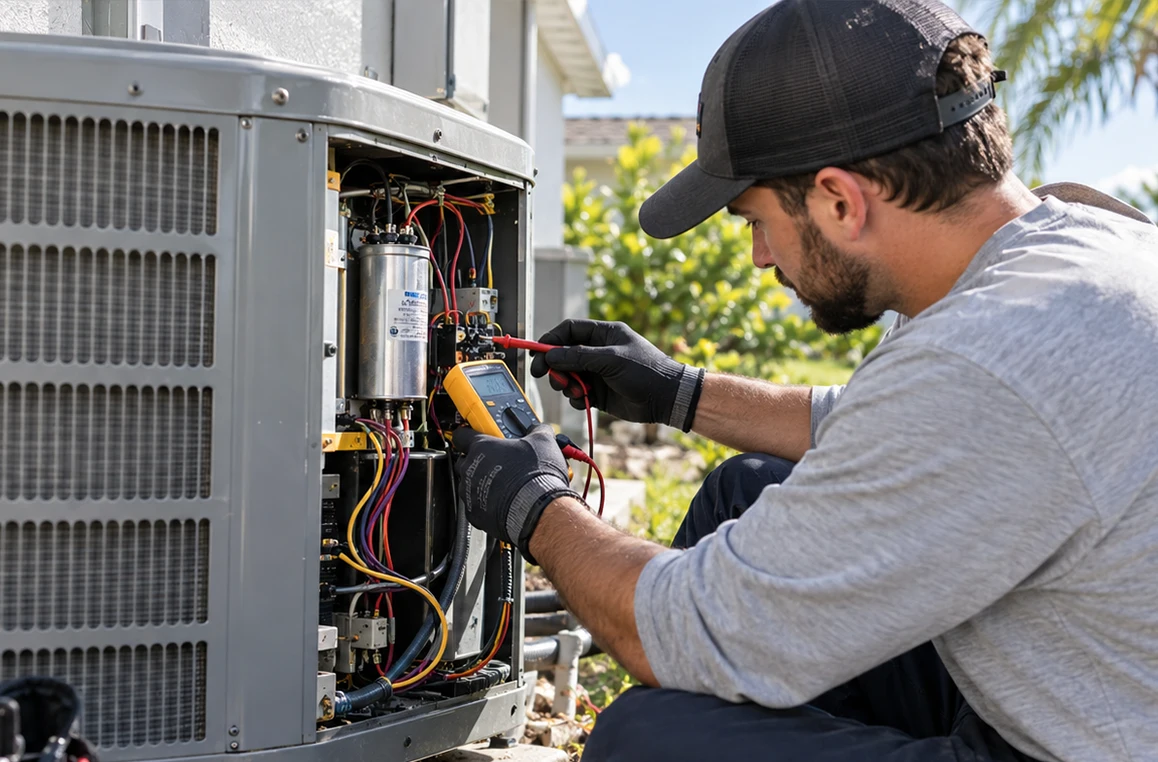 Rapid Pro Services technician testing AC wiring with a multimeter during an AC repair in Orlando, FL