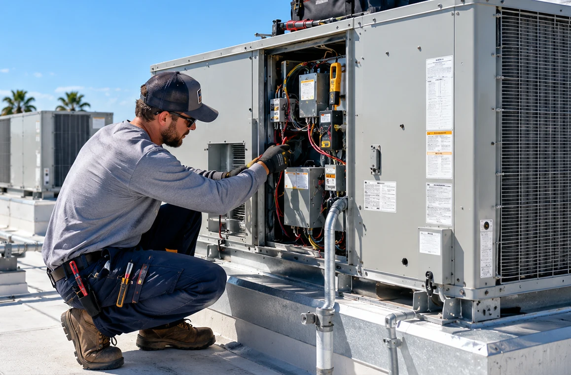 Technician servicing a commercial rooftop HVAC unit in Orlando, FL